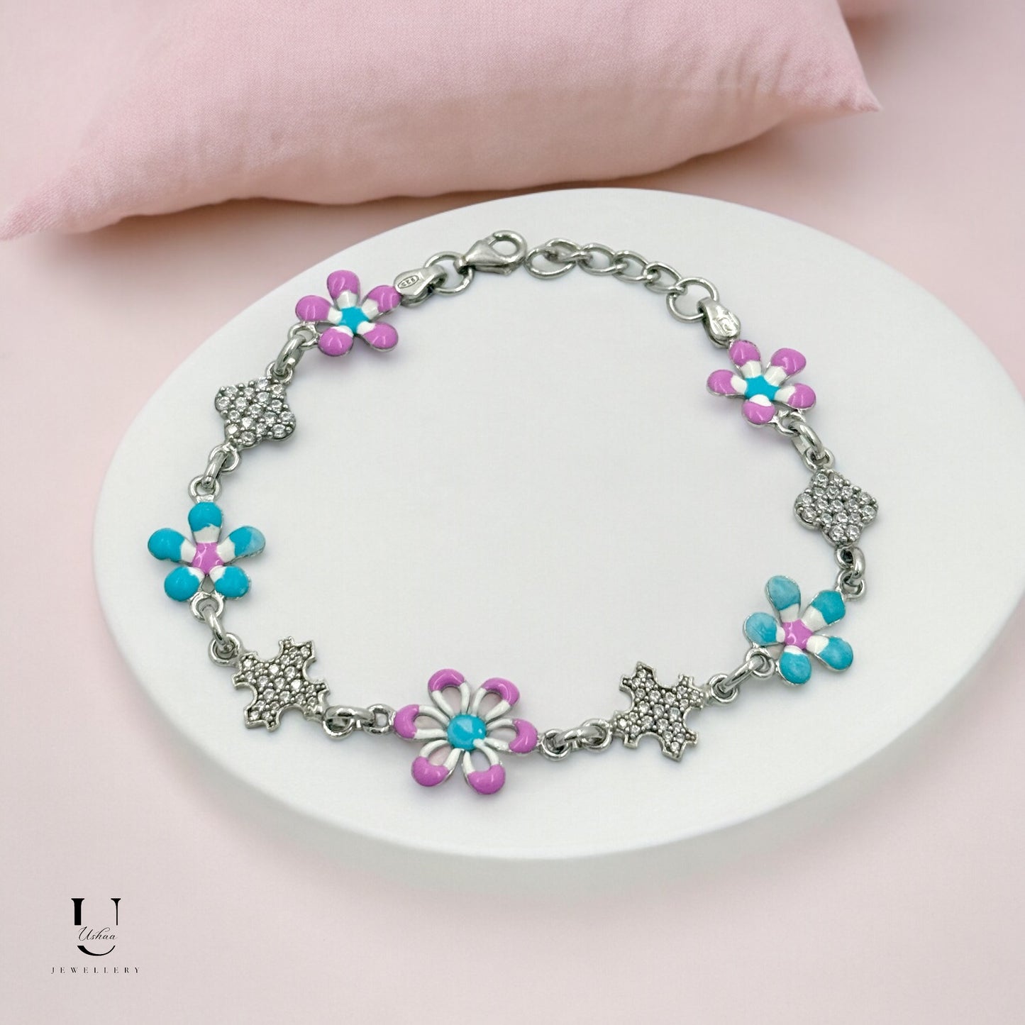 Pink Blue Enamel Flower Bracelet