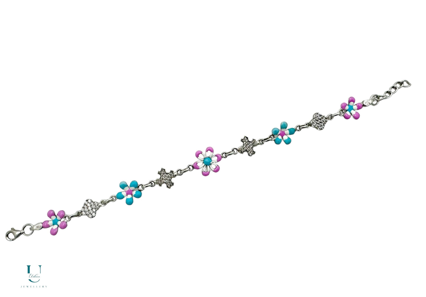 Pink Blue Enamel Flower Bracelet